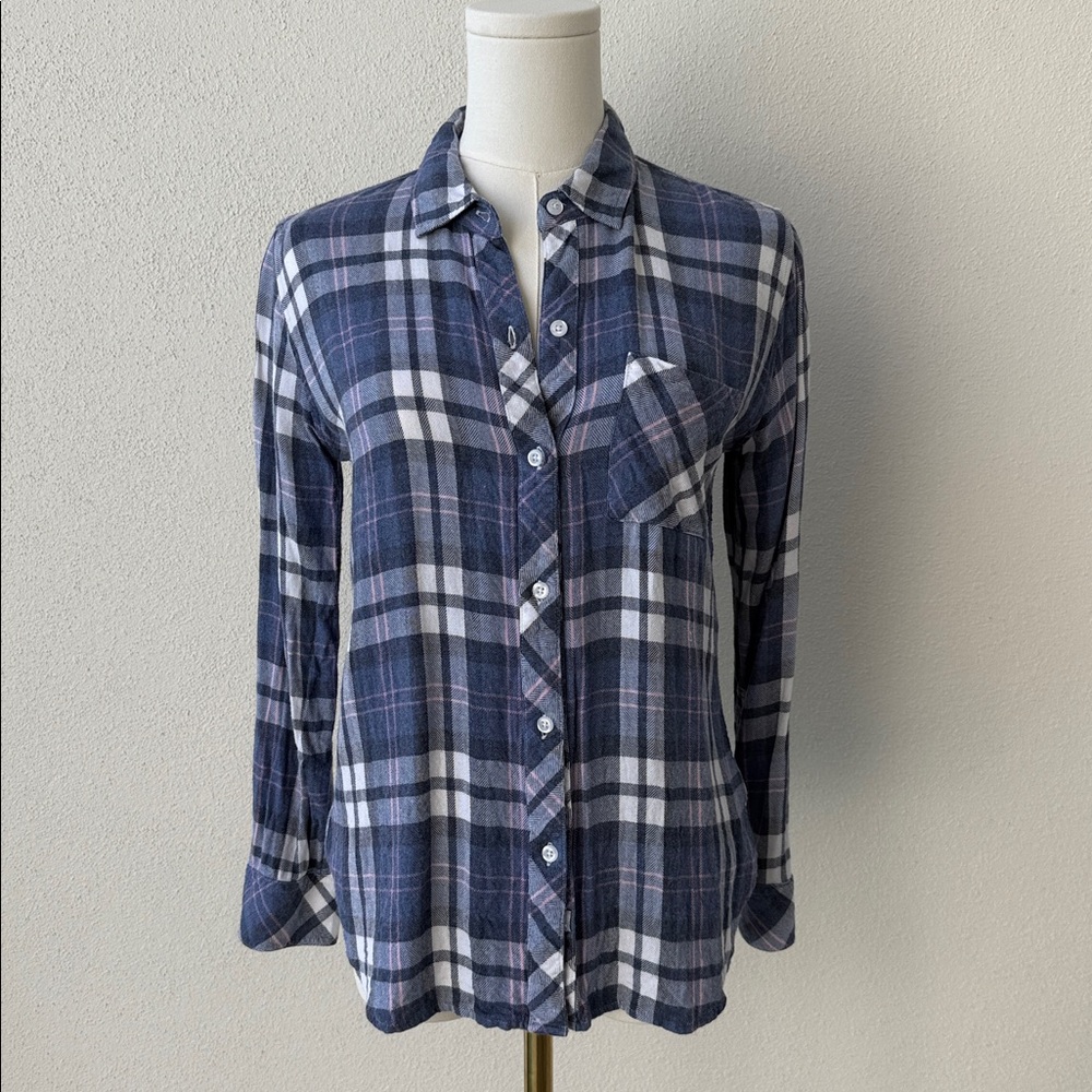 Rails Hudson plaid button down, denim blue, pink, navy& White, S, EUC